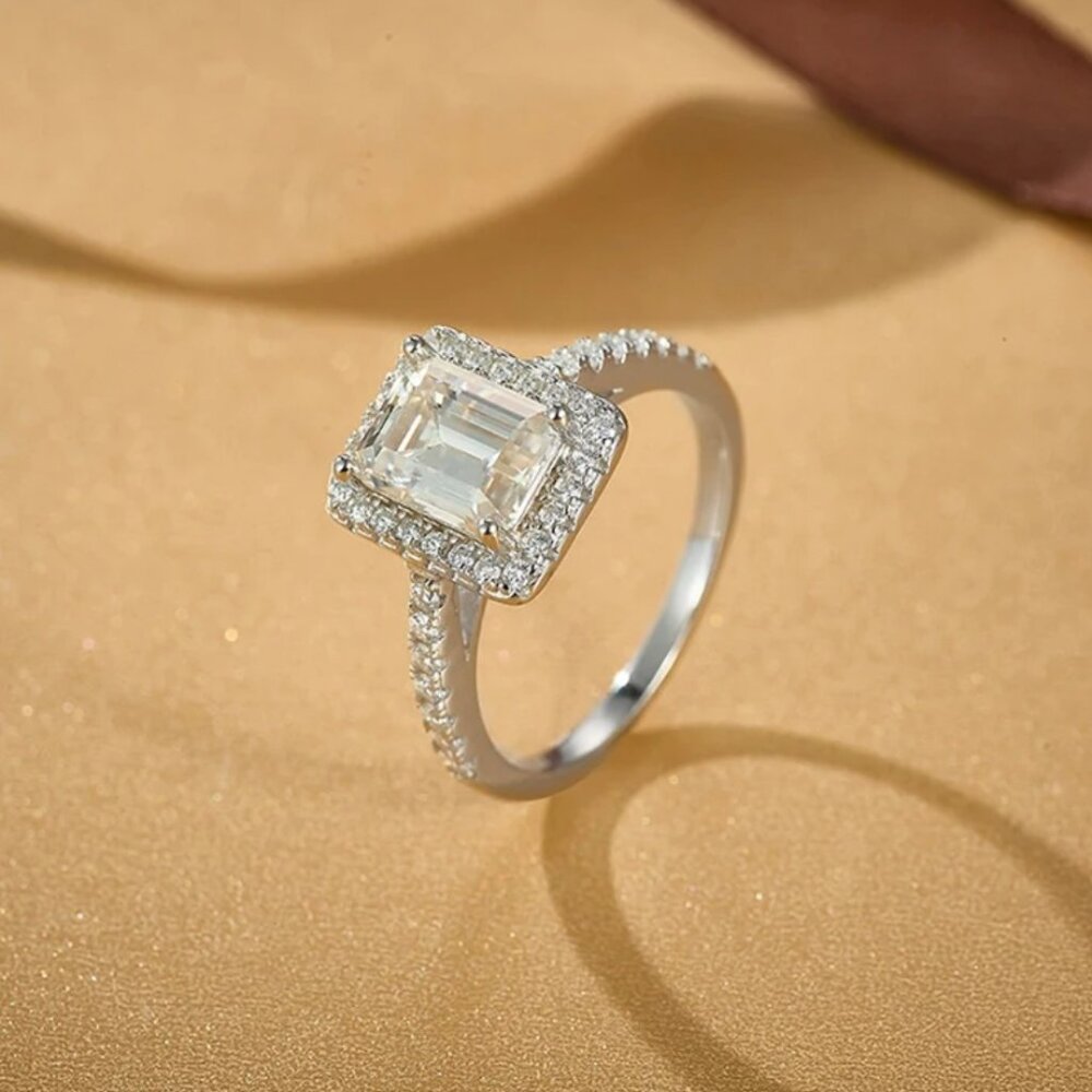 Classic Silver Emerald-Cut Halo Engagement Ring -so sparkly !